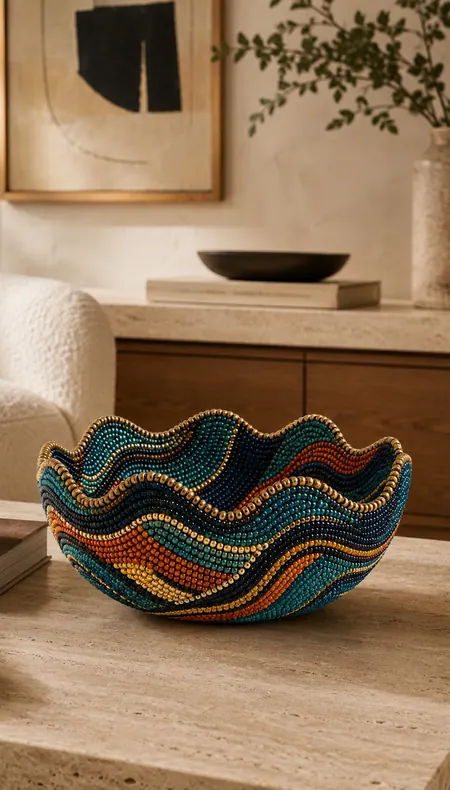 Glass beadwork bowl on a travertine console