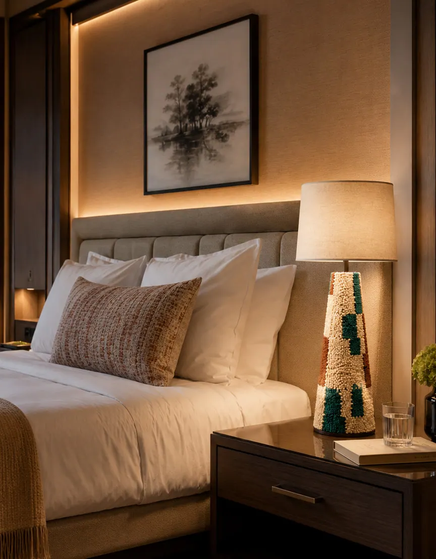 Hotel guest room with punch needle art and a handcrafted lamp