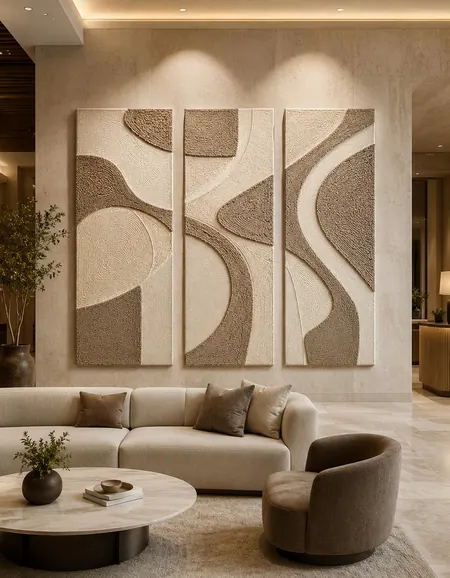 Punch needle wall art triptych above a sofa